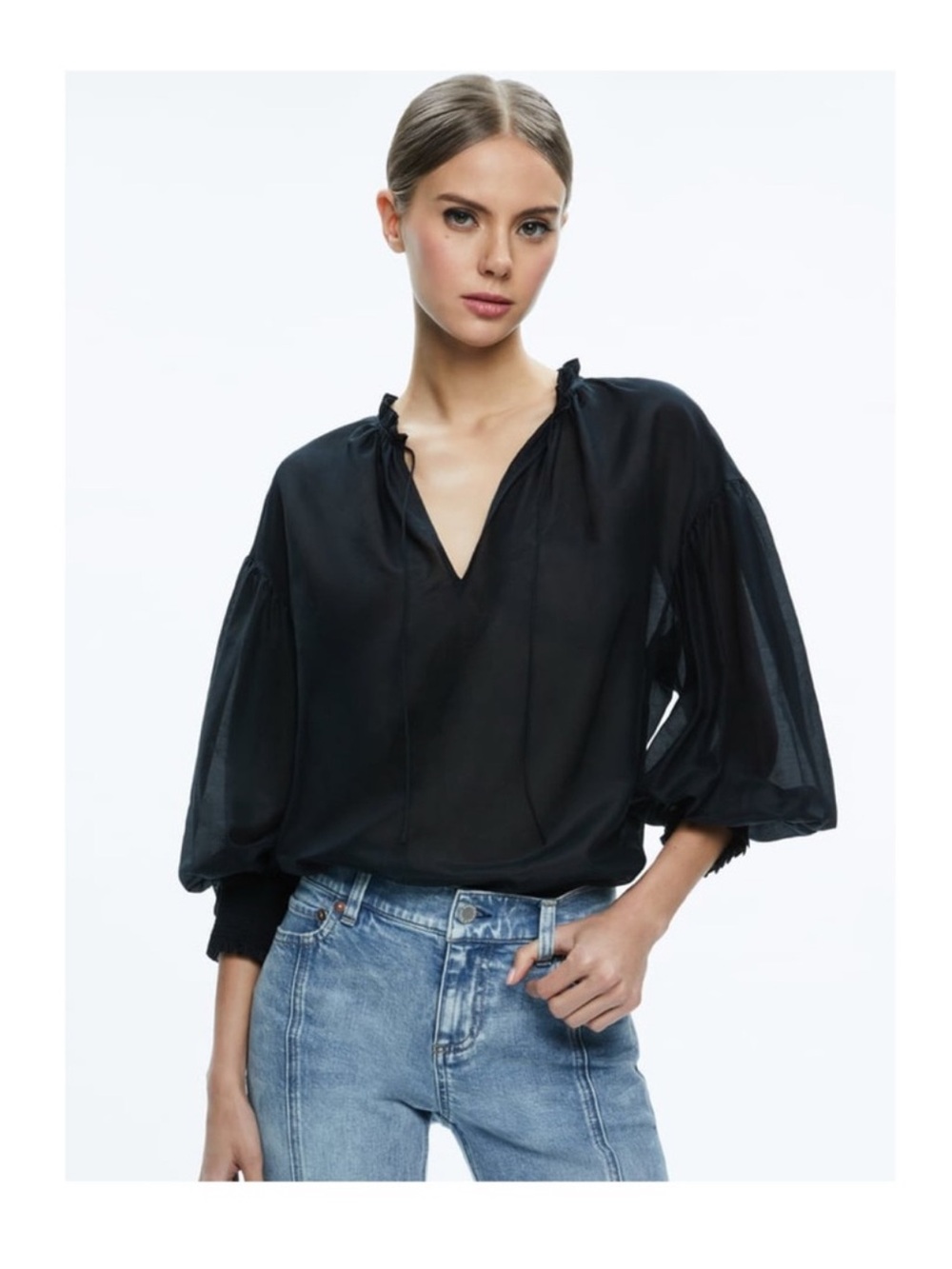 New! ALICE + OLIVIA Julius Voluminous Oversized Silk Blend Peasant Blouse